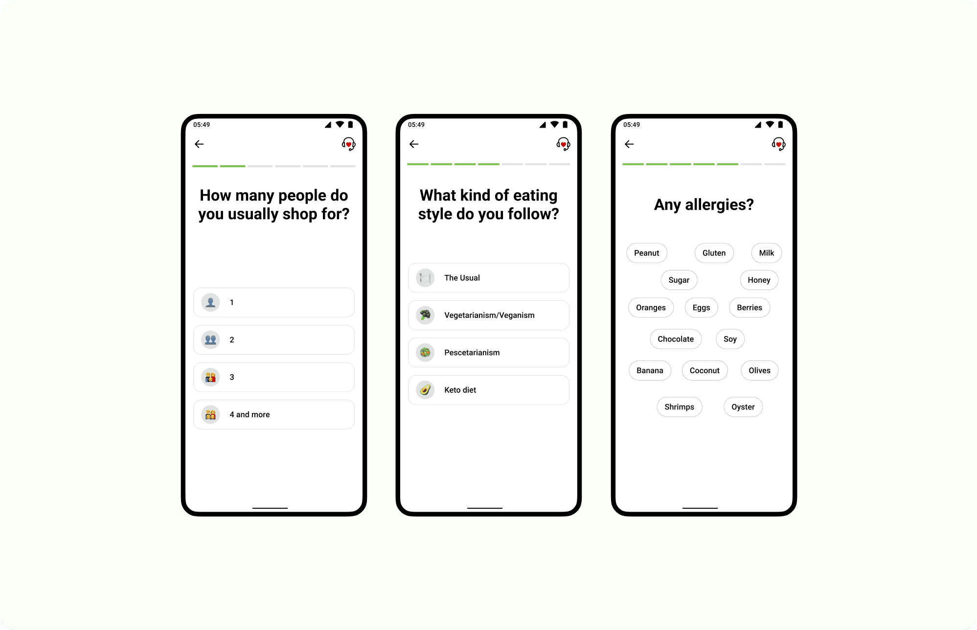 Onboarding survey — household size, eating style, and allergies