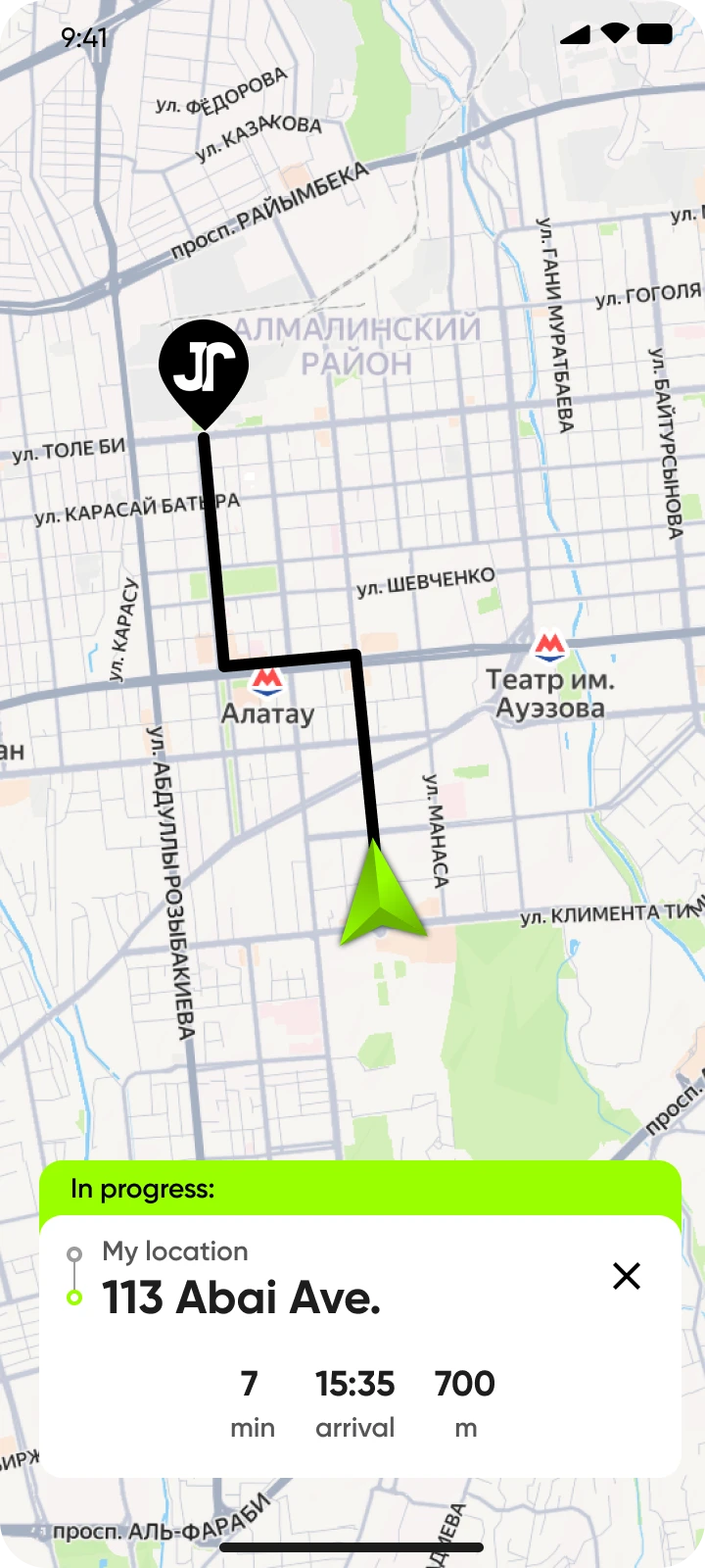 Route in progress to the selected station, with ETA and distance
