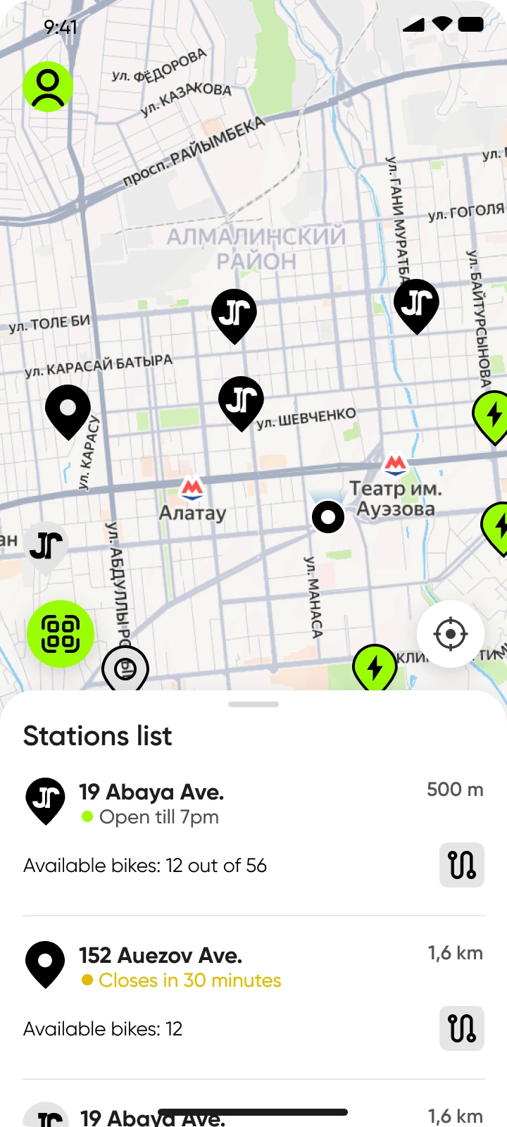 Map with nearby swap stations and a stations list bottom sheet