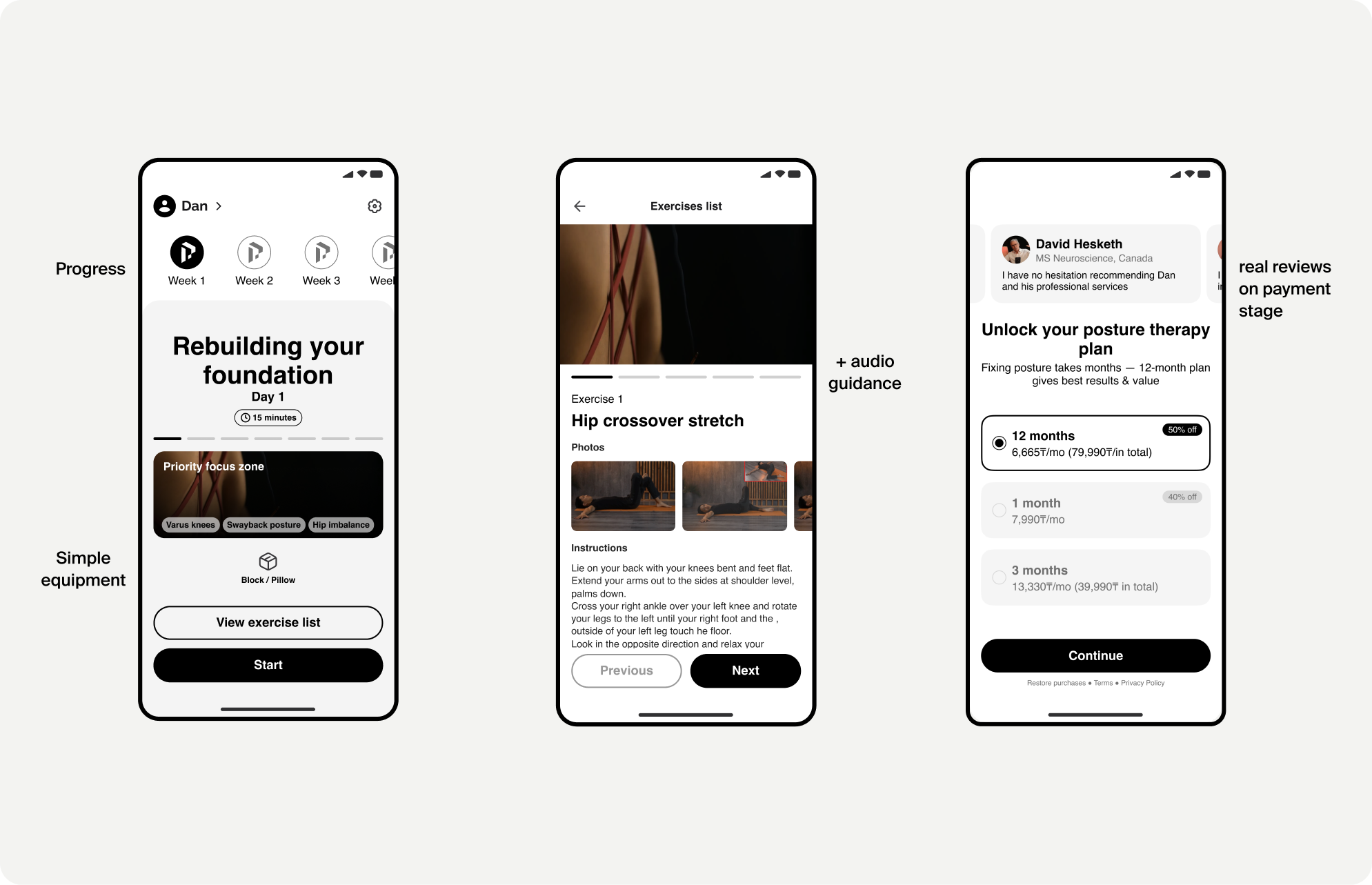 Personalized therapy plan, exercise detail with audio guidance, and the subscription screen with a client testimonial